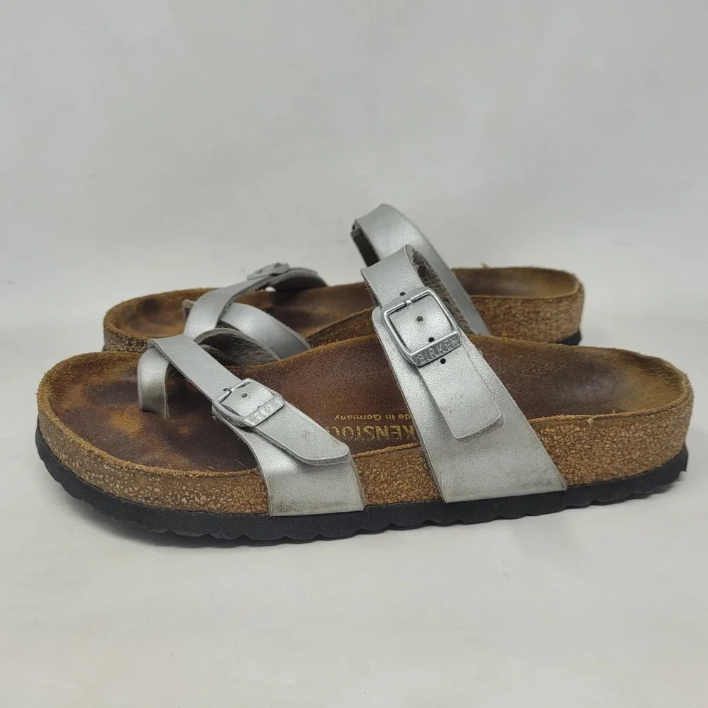 Birkenstock Mayari Sandals EU38 US7 Silver Birko Flor Slides Slip On Comfort